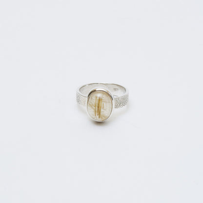 Rutilated Quartz Sm Oval Sterling Textured Ring Sz 6