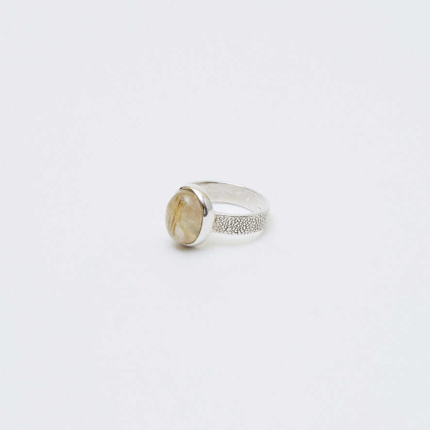 Rutilated Quartz Sm Oval Sterling Textured Ring Sz 6