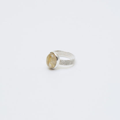 Rutilated Quartz Sm Oval Sterling Textured Ring Sz 6