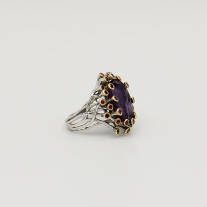 Rough Amethyst with Gold Tipped Amethysts Ring - Size 8.5