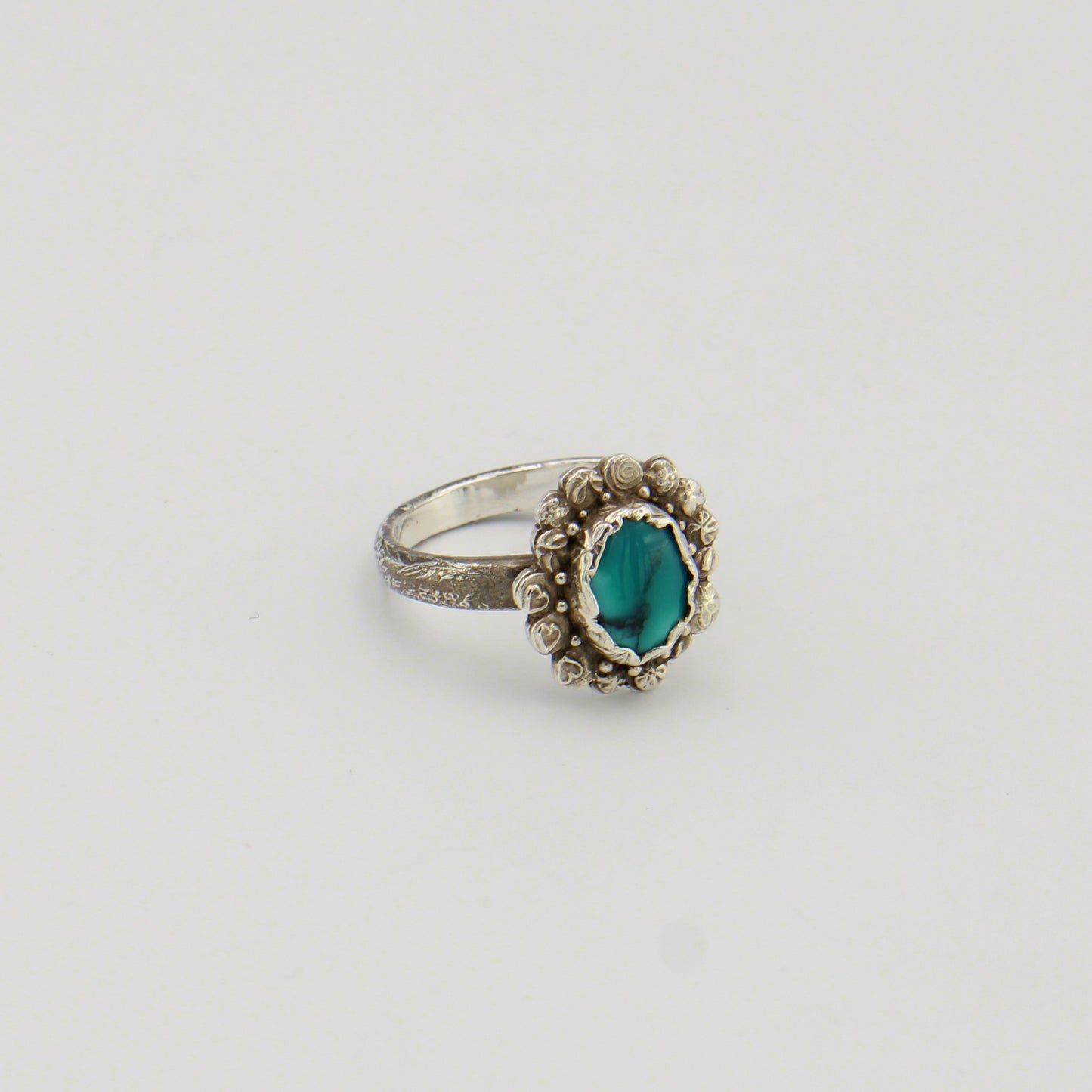 Turquoise Sterling Stamped Flower Ring - Size 8