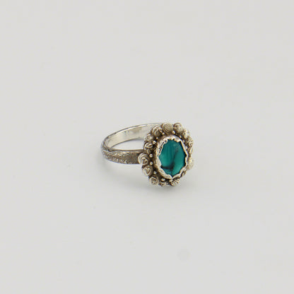 Turquoise Sterling Stamped Flower Ring - Size 8