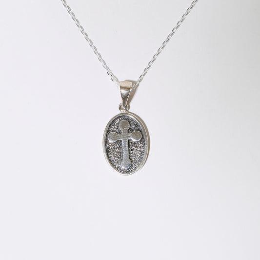 Sterling Silver Cross in Oval Necklace