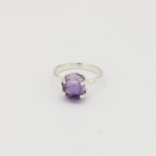 Raw Amethyst Prong Sterling Ring Sz 8