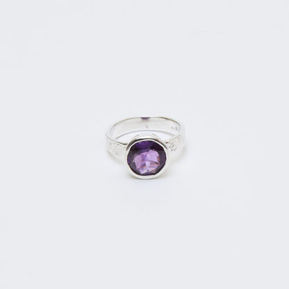 Amethyst Round Sterling Textured Ring Sz 7.5