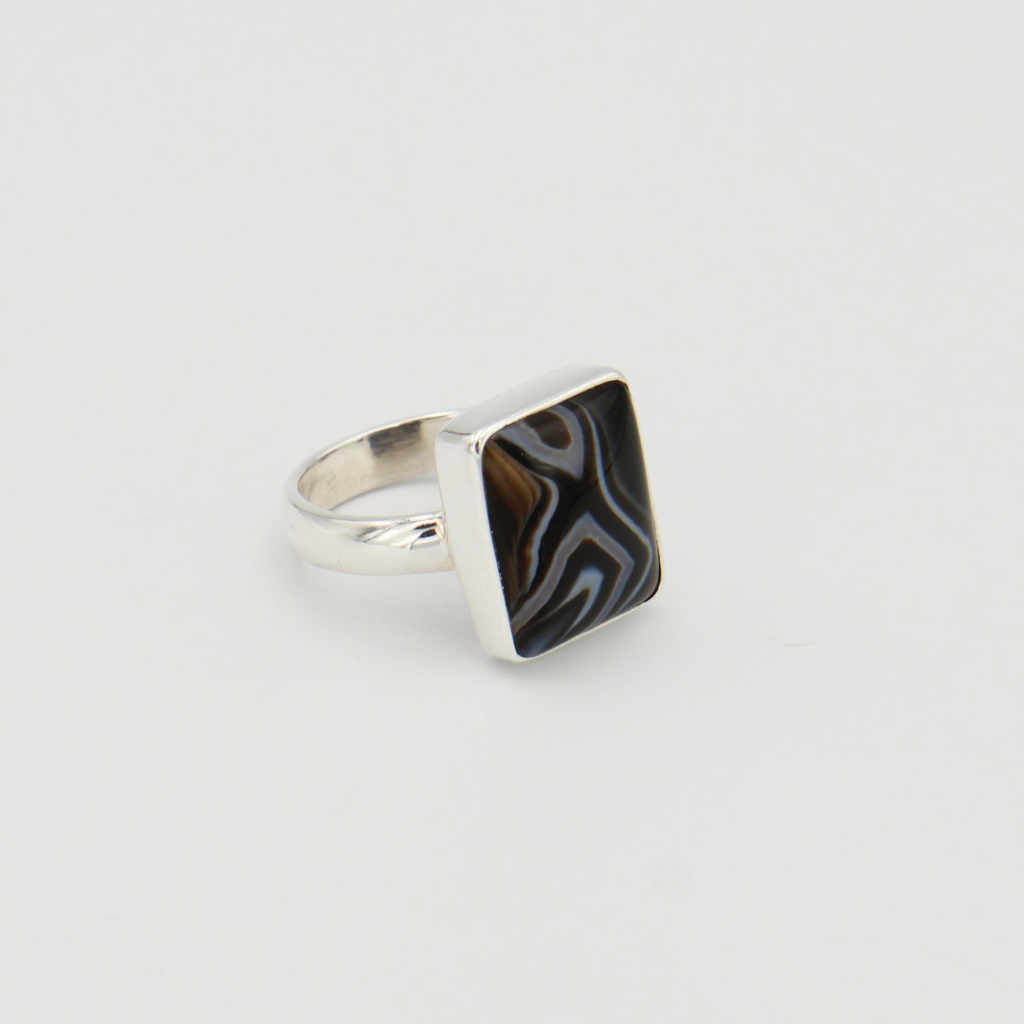 Black Banded Agate Rectangle Sterling Ring Sz 6