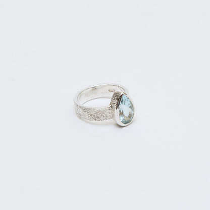 Aquamarine Pear Sterling Textured Ring Sz 6