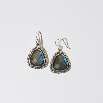 Labradorite Faceted Wedge Hammered Bezel Sterling Earrings
