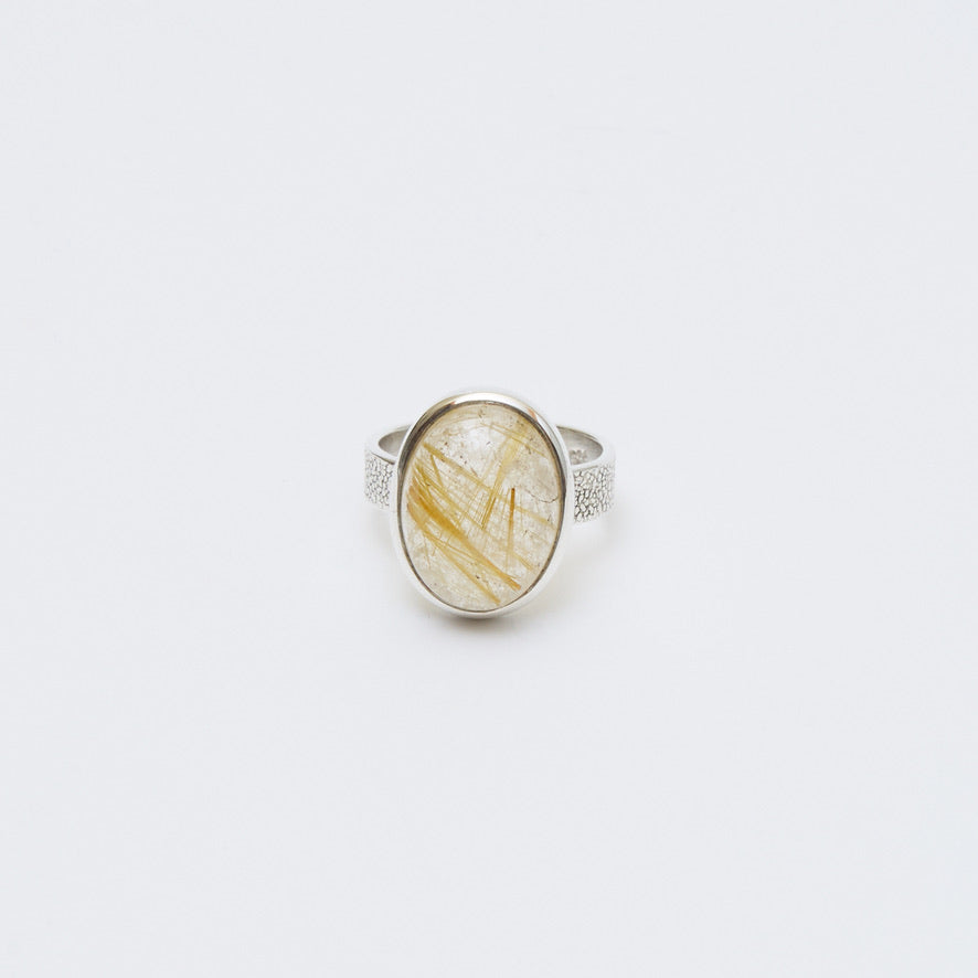Rutilated Quartz Oval Sterling Textured Ring Sz 6