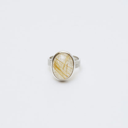Rutilated Quartz Oval Sterling Textured Ring Sz 6