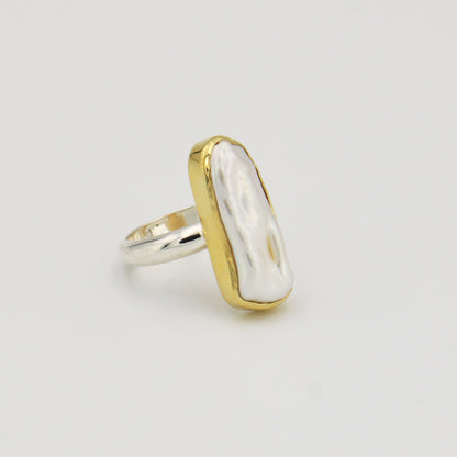 Long Keshi Pearl GP Sterling Ring 8