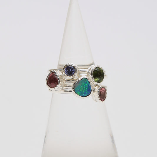Tourmaline, Tanz. &  Opal Multi Stack Sterling Ring Sz 7