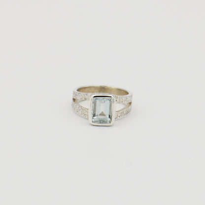 Aquamarine Rectangle Textured Sterling Ring Sz 6