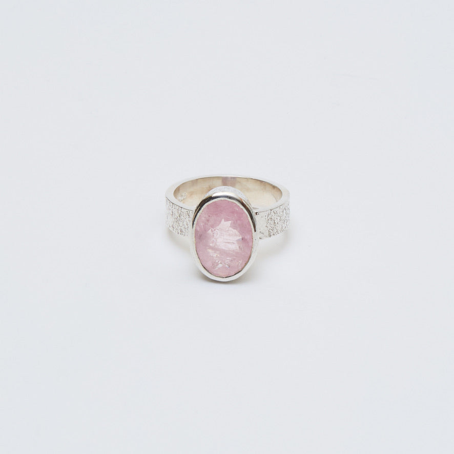 Morganite Oval Sterling Textured Ring Sz 8