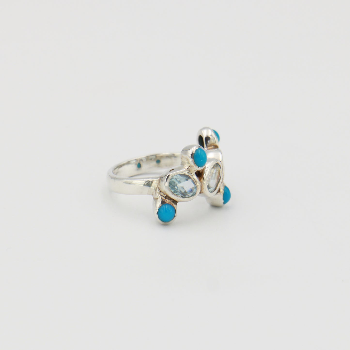 Blue Topaz Oval & Tiny Turquoise Sterling Ring Sz 7