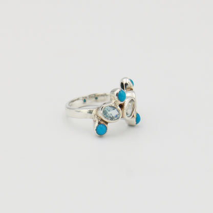 Blue Topaz Oval & Tiny Turquoise Sterling Ring Sz 7