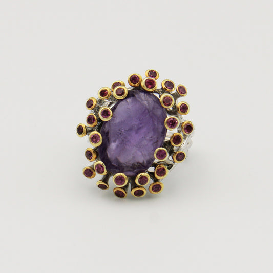 Rough Amethyst with Gold Tipped Amethysts Ring - Size 8.5
