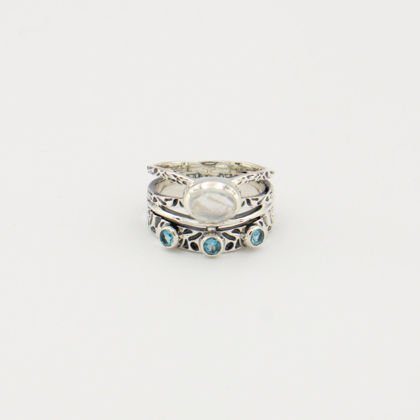 Moonstone & Blue Topaz 3 Band Ring Sz 9