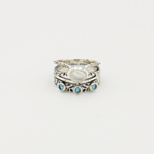 Moonstone & Blue Topaz 3 Band Ring Sz 9