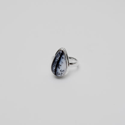 Dendritic Agate Pear Sterling Ring Sz 7.5