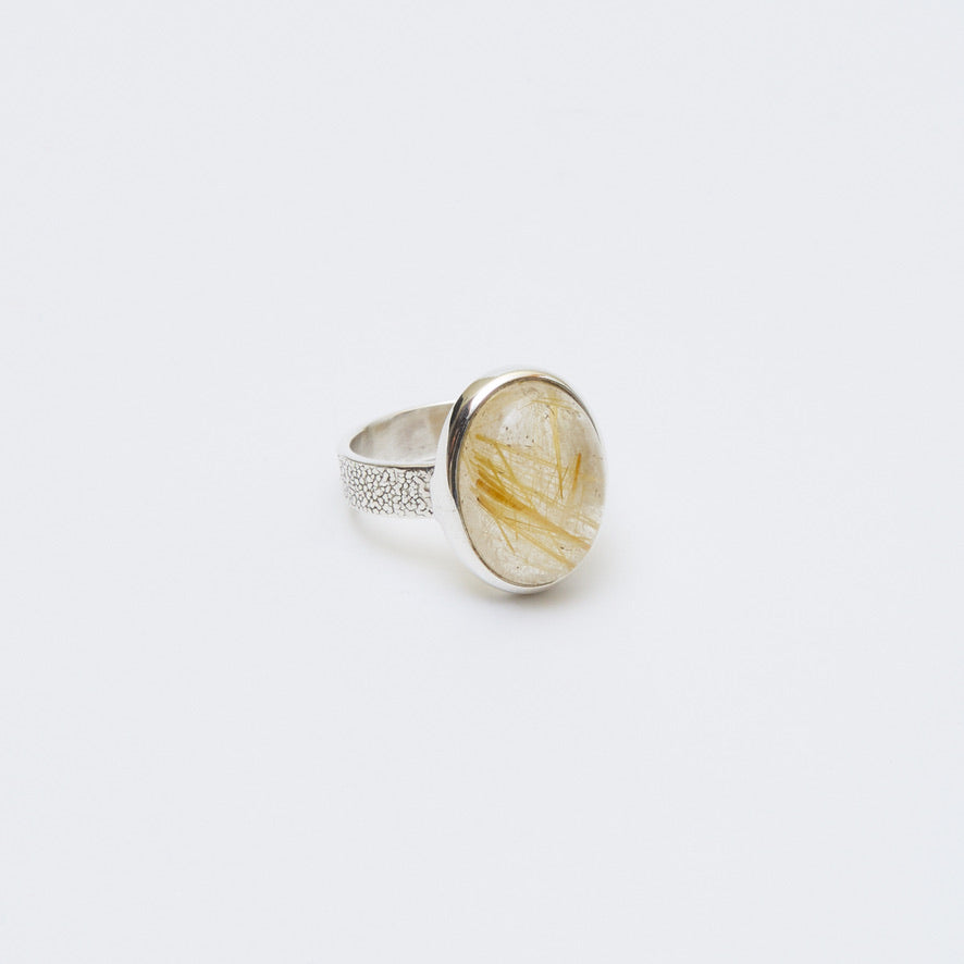 Rutilated Quartz Oval Sterling Textured Ring Sz 6