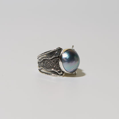 Grey Mother of Pearl Wide Band Sterling Ring Sz 9