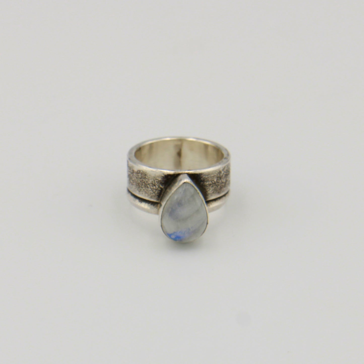 Moonstone Pear Wide Rustic Band Sterling Ring Sz 9