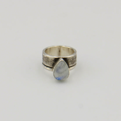 Moonstone Pear Wide Rustic Band Sterling Ring Sz 9