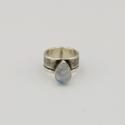 Moonstone Pear Wide Rustic Band Sterling Ring Sz 9