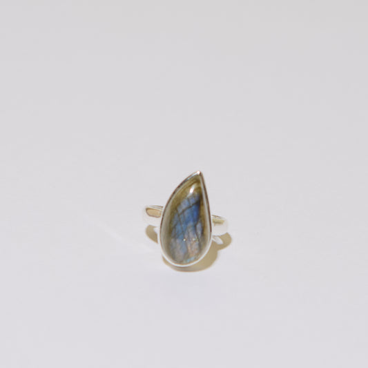 Blue Fire Labradorite Teardrop Sterling Ring Sz 6