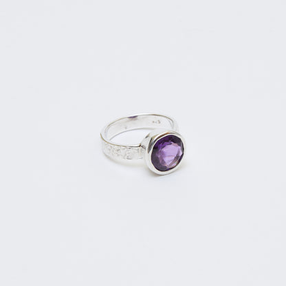 Amethyst Round Sterling Textured Ring Sz 7.5