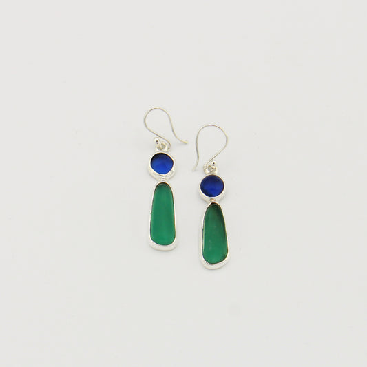 Cobalt and Sea Green Beach Glass Sterling Earrings