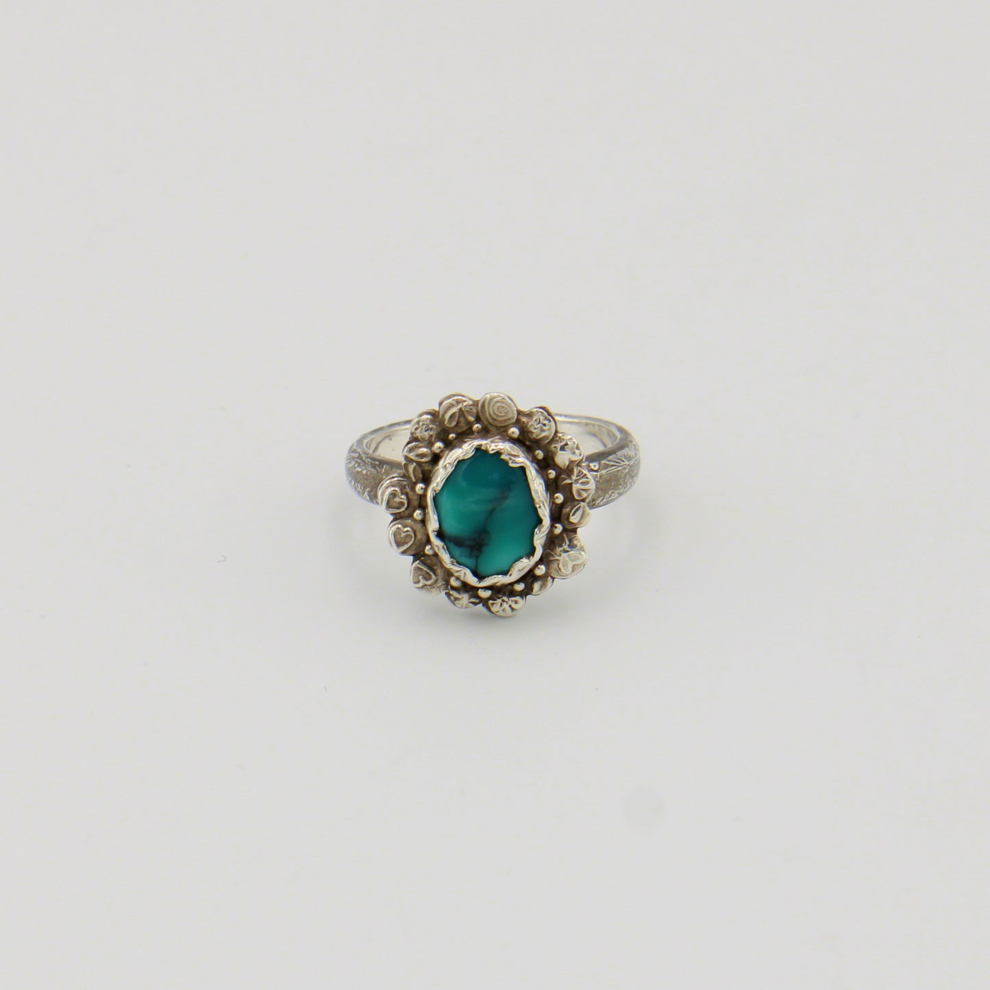 Turquoise Sterling Stamped Flower Ring - Size 8