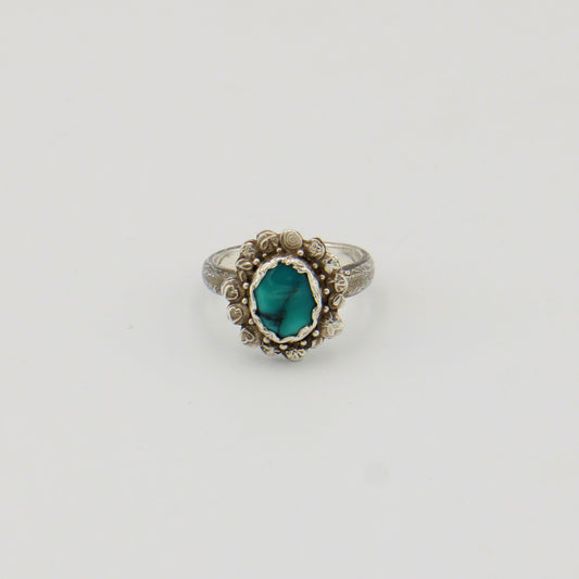 Turquoise Sterling Stamped Flower Ring - Size 8