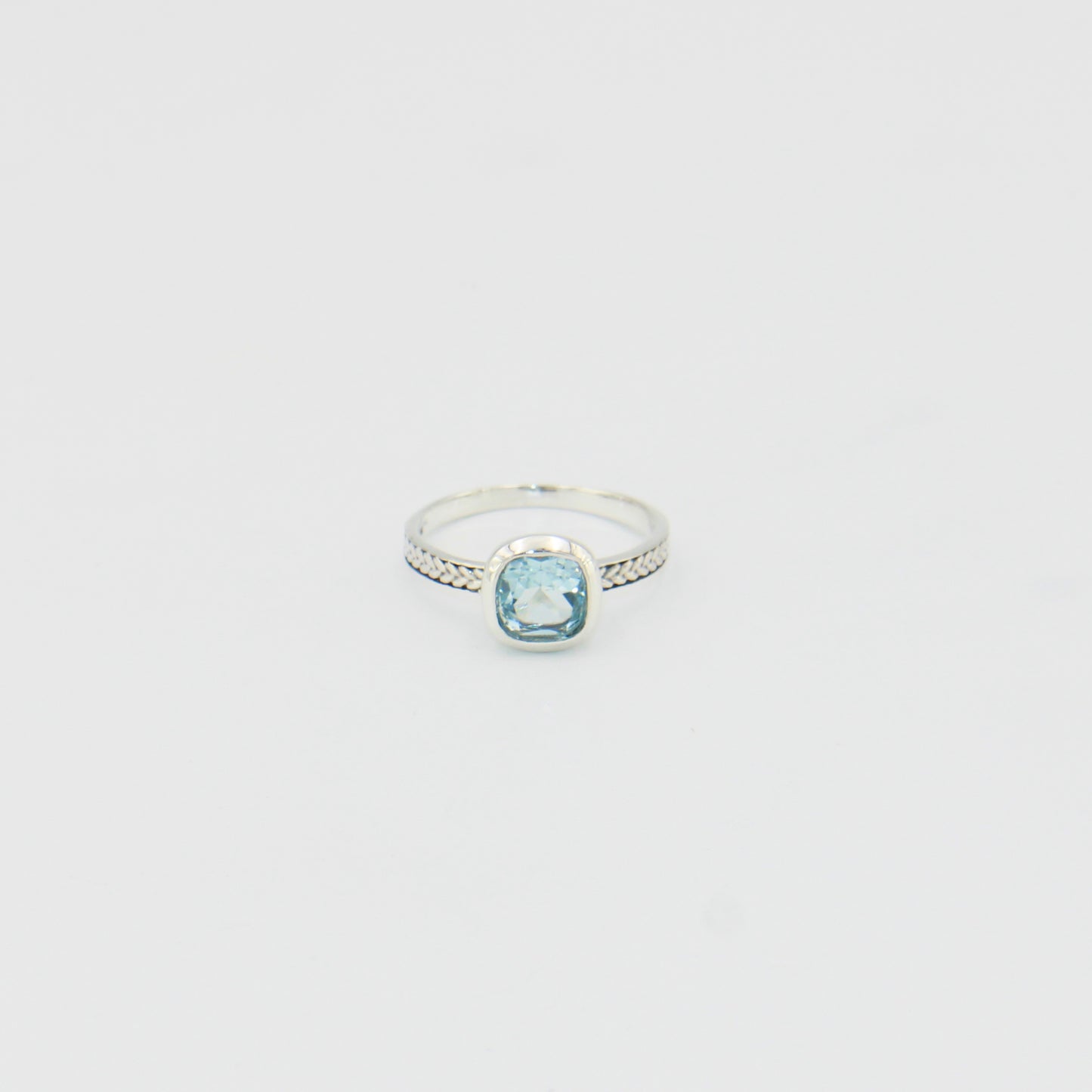 Blue Topaz Cushion Sterling Leaf Band Ring Sz 8