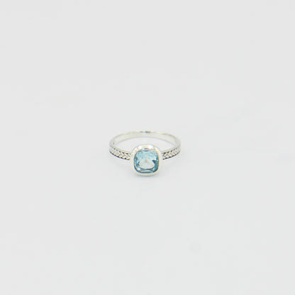 Blue Topaz Cushion Sterling Leaf Band Ring Sz 8