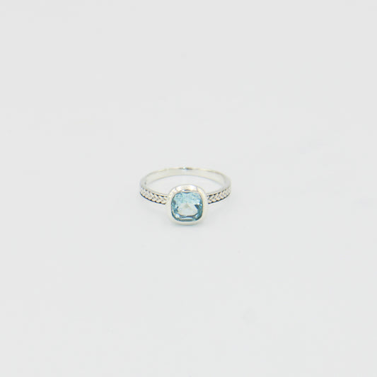 Blue Topaz Cushion Sterling Leaf Band Ring Sz 8